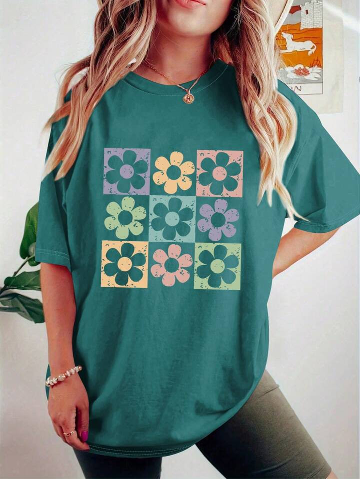 SHEIN LUNE Plus Size Simple Flower Print Casual Short Sleeve T-Shirt | SHEIN