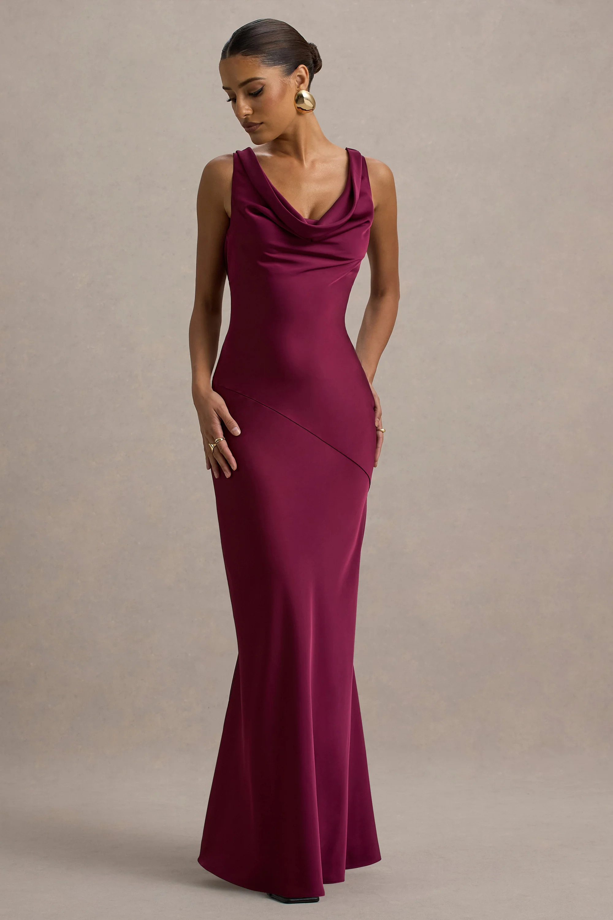Alesso | Burgundy Satin Cowl-Neck Maxi Dress | Club L London