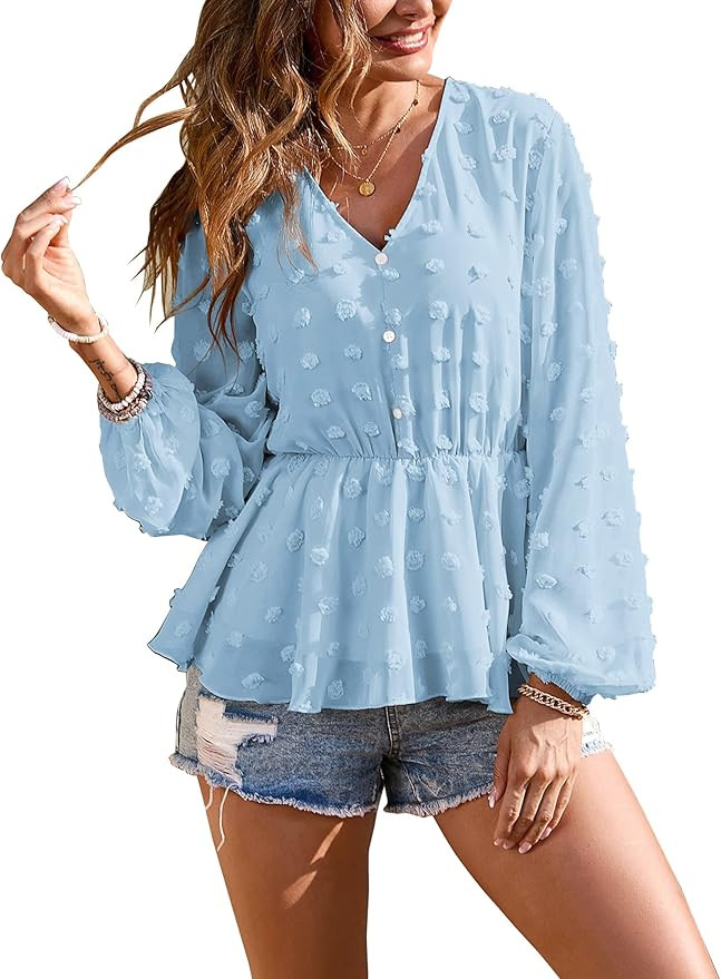 KIRUNDO Women’s Swiss Dots Tops Long Sleeves Shirts V-Neck Elastic Waist Sheer Ruffle Peplum Bl... | Amazon (US)