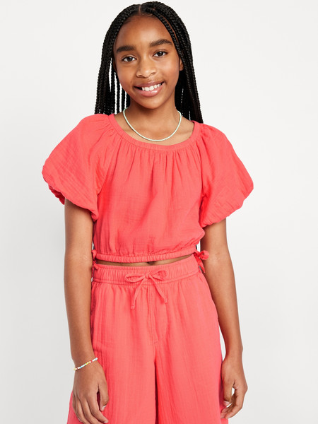 Cropped Short Puff-Sleeve Double-Weave Top for Girls | Old Navy (US)