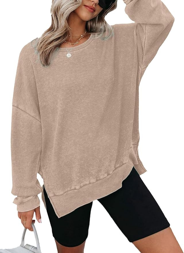Dokotoo Womens Oversized Waffle Knit Crewneck Sweatshirts Long Sleeve Side Slits Casual Pullover ... | Amazon (US)