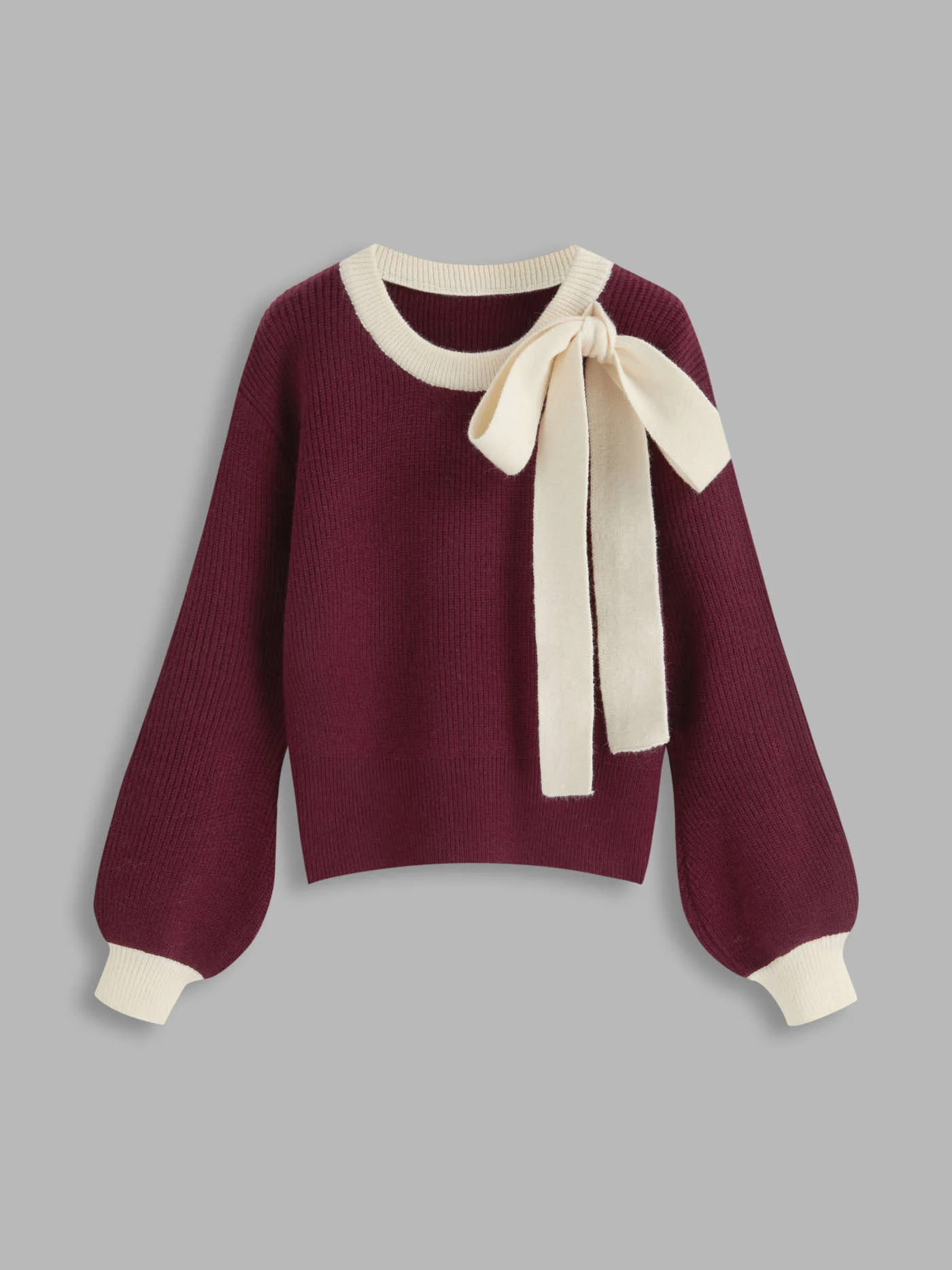 Knit Round Neckline Contrasting Binding Bowknot Long Sleeve Top | Cider