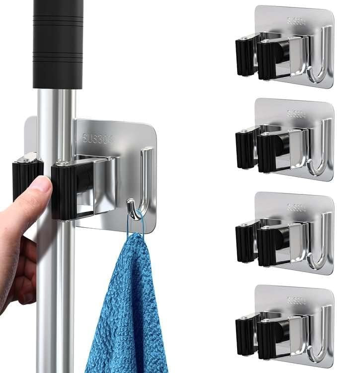 homeasy Mop Broom Holder, 4 Pcs Stainless Steel Self Adhesive Mop Holder Wall Mounted with Hooks ... | Amazon (UK)