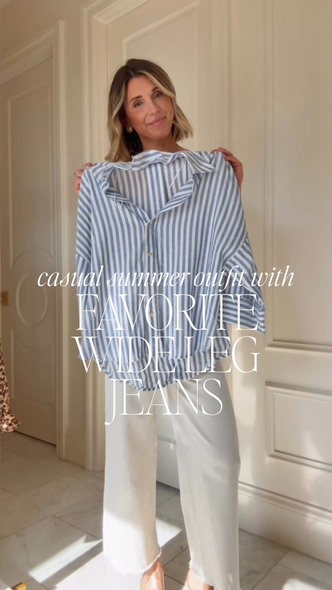 Cute casual summer outfit wearing my favorite wide leg jeans. Jeans are super flattering and fit tts. 