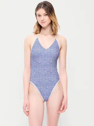 Pique V-Neck Halter Swimsuit | Old Navy (US)