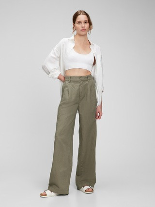 High Rise Linen Pleated Wide Leg Pants with Washwell | Gap (US)