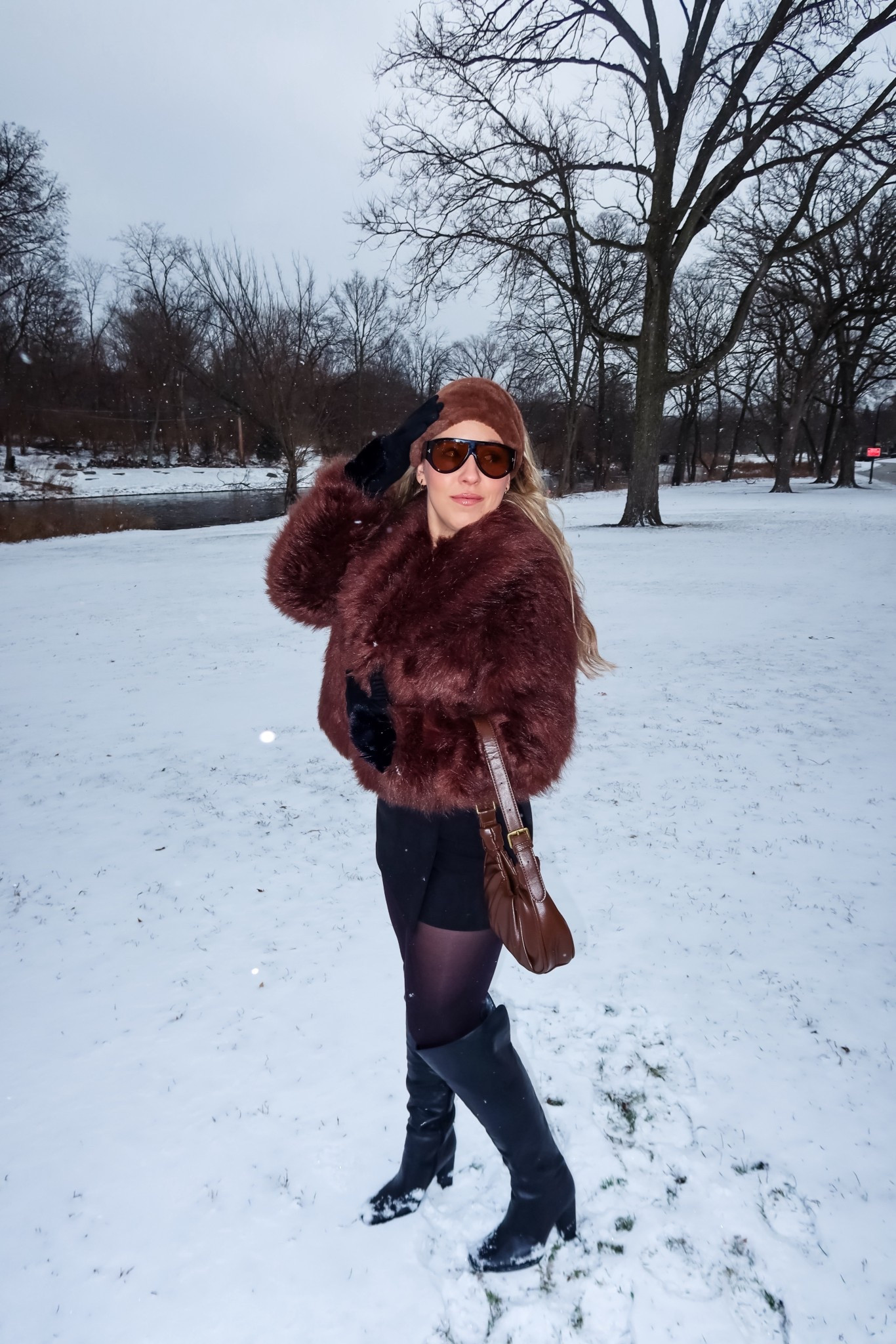 Brown fur coat 
Fur coat outfit
Black mini skort with slit
Brown aviator sunglasses, tom ford dupes
Faux fur black gloved

Brown bodysuit
Winter fashion


#LTKTravel #LTKU #LTKSeasonal