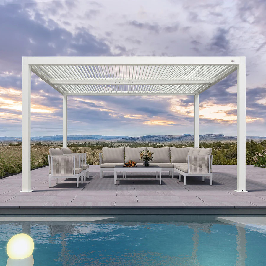 PURPLE LEAF Louvered Pergola Modern White Pergola with Adjustable Roof for Deck Backyard Garden | Purple Leaf