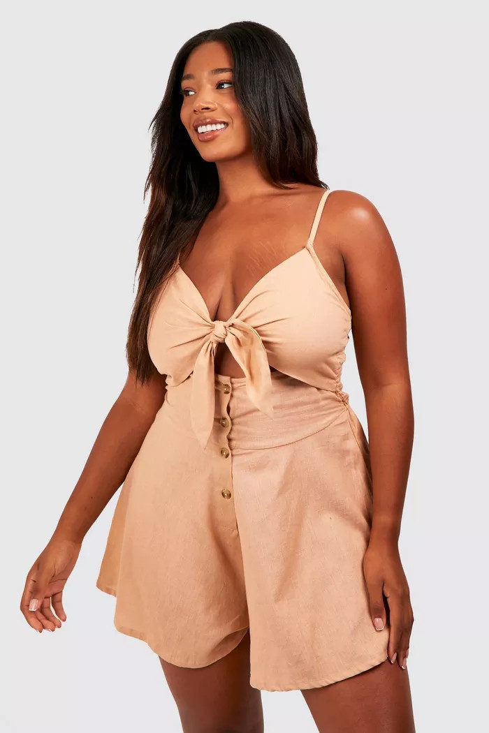 Plus Linen Tie Front Romper | boohoo (US & Canada)