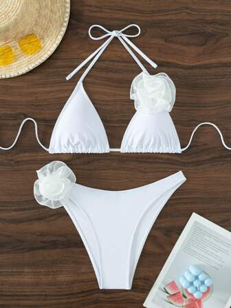 3D Rosette Halter Triangle Bikini Swimsuit | SHEIN