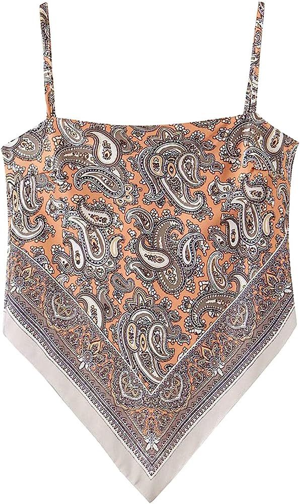 Arjungo Women's Paisley Print Tie Back French Knot Hanky Hem Spaghetti Straps Handkerchief Cami B... | Amazon (US)