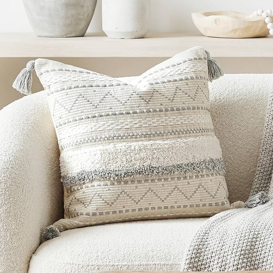 BlissBlush 20X20 Throw Pillow Cover, Cream Neutral Square Decorative Cushion Cover with Gray Patt... | Amazon (US)