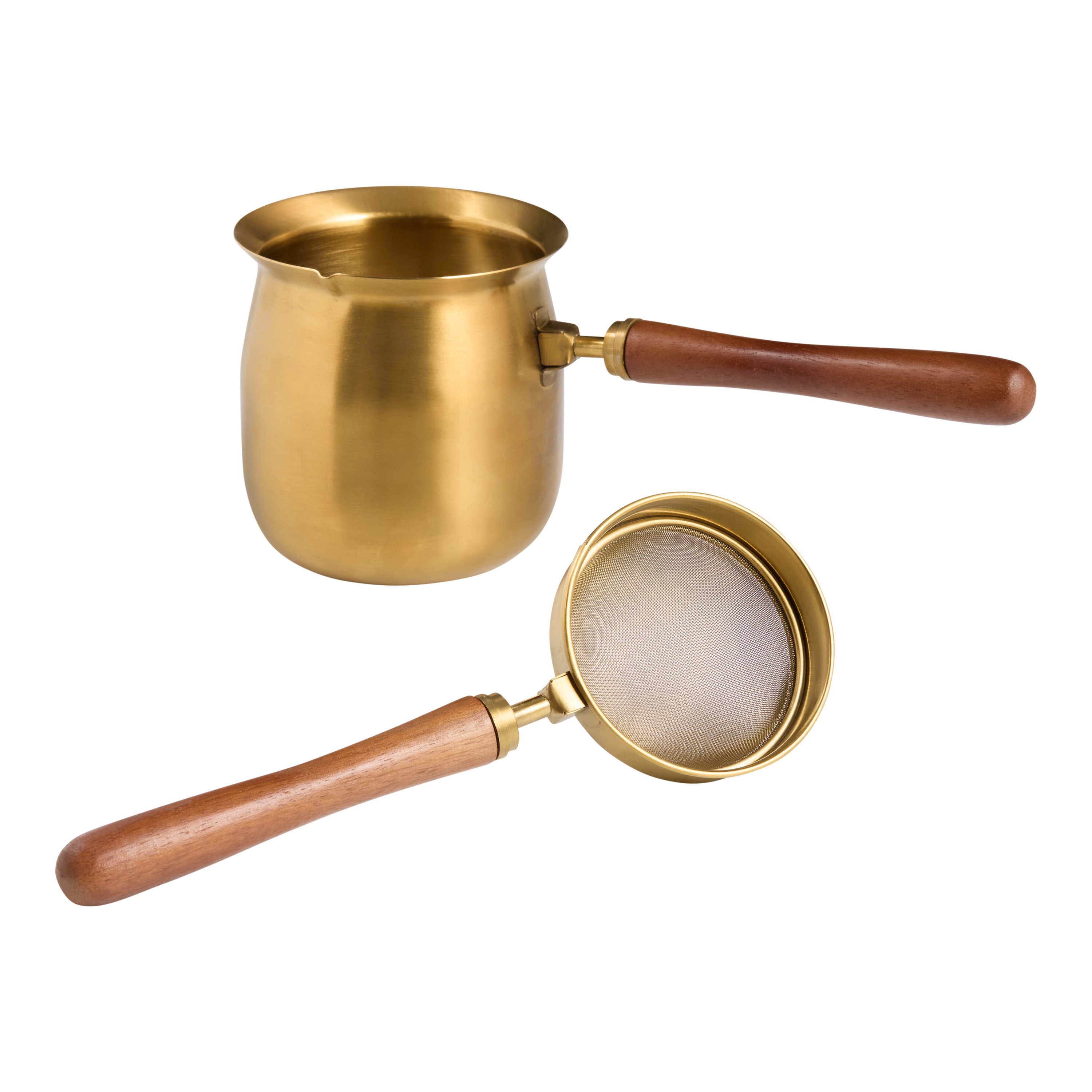 Gold Steel and Walnut Chai Tea Stovetop Pot and Strainer Set | World Market