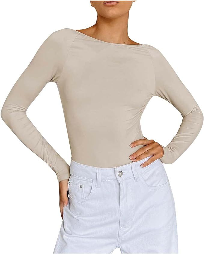 Women’s Long Sleeve Slim Fit T-Shirt Top Crewneck Skims Dupes Yoga Workout Tunic Tee Shirt Spri... | Amazon (US)