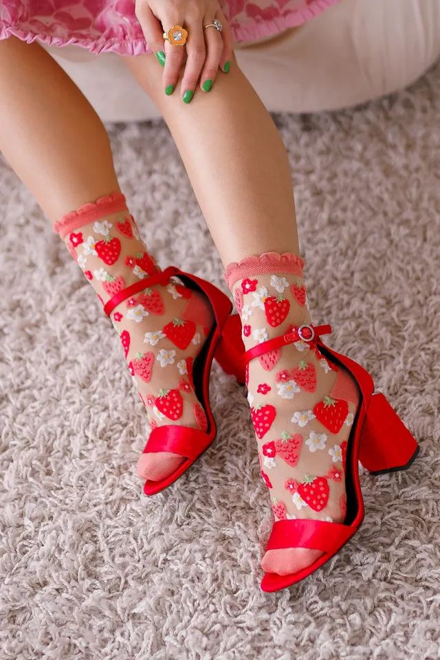 Sock Candy Strawberry Daisy Ruffle Sheer Sock | Urban Outfitters (US and RoW)