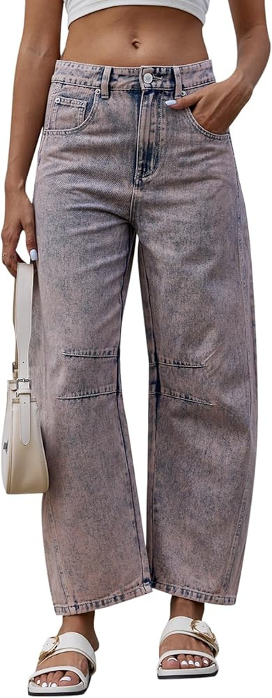 Mid Rise Barrel Jeans for Women Wide Leg Mid Waist Cropped Denim Pants Y2k Baggy Boyfriend Jeans ... | Amazon (US)