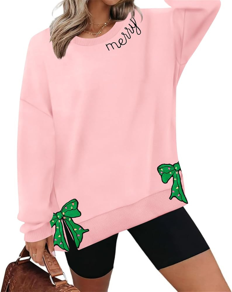 FASHGL Christmas Sweatshirts for Women Merry Christmas Tree Bow Graphic Long Sleeve Xmas Vacation... | Amazon (US)