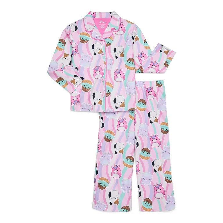 Squishmallows Girls Long-Sleeve Button-Front Top and Pants Pajama Set, 2-Piece, Sizes 4-16 | Walmart (US)