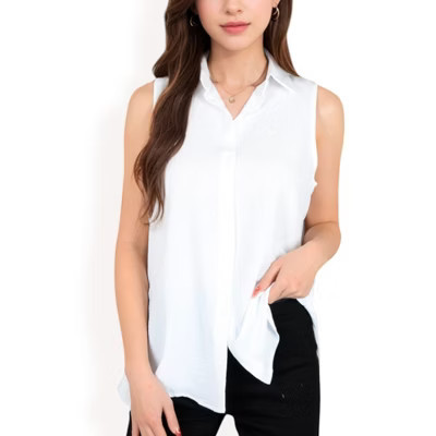Anna-Kaci Women's Sleeveless Button-Down Collared Top with Lightweight Textured Fabric- White,Medium | Target