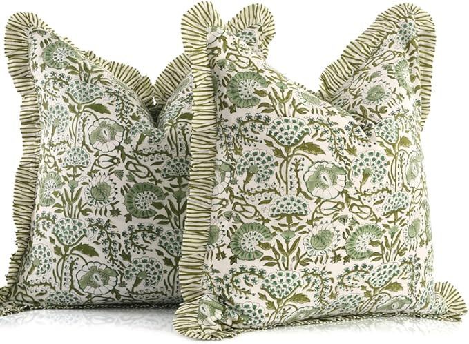 CPC Agate Green Ruffle Throw Pillow Covers for Couch, 20x20 Inch Cotton Stripe Ruffle Couch Pillo... | Amazon (US)