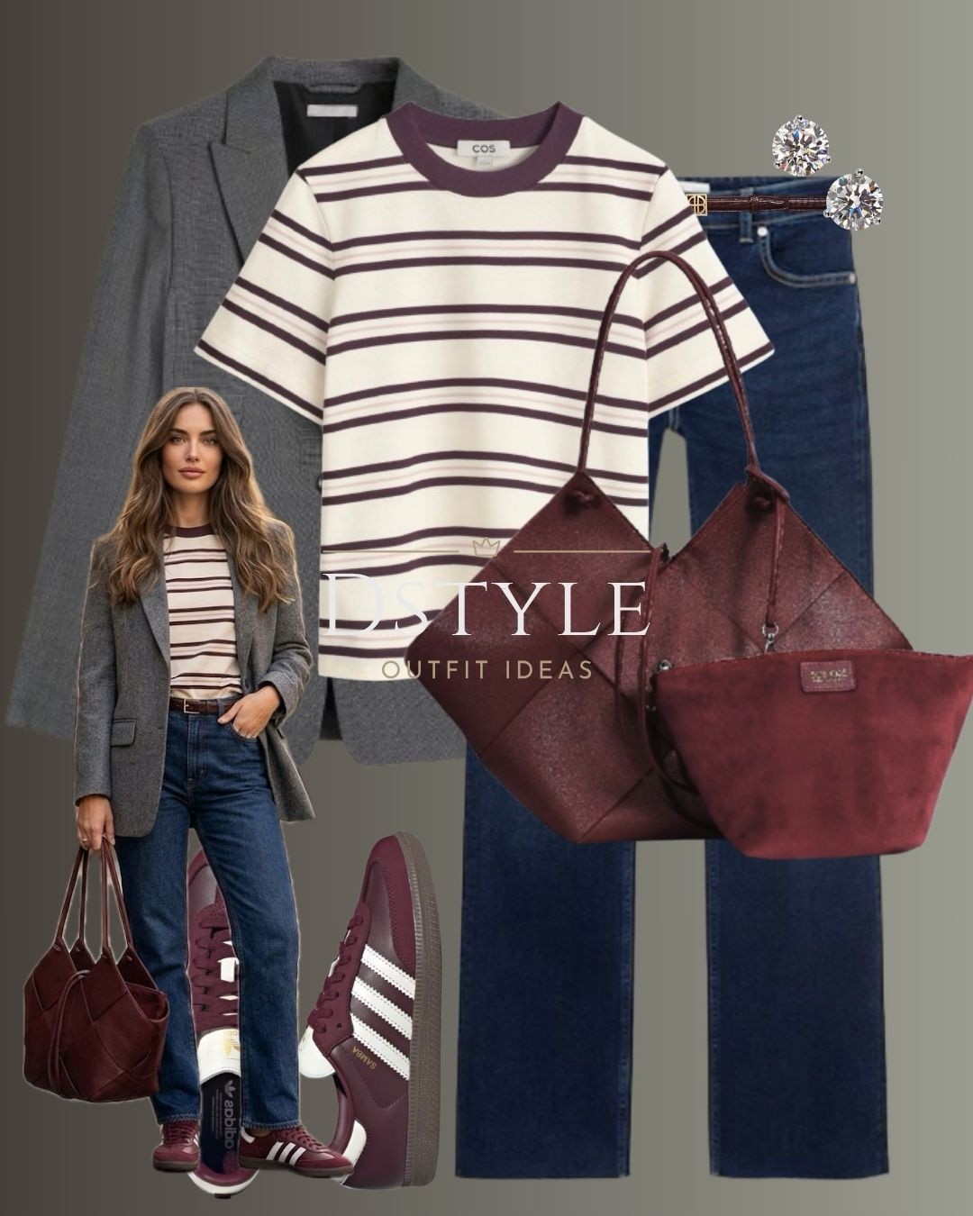 How to style burgundy accessories for Spring. ✨ A classic grey blazer meets the perfect striped tee and dark denim. This outfit is a 2026 wardrobe staple for that effortless "quiet luxury" aesthetic. 
👉🏼 Swipe to see the bag.

 

#LTKootd