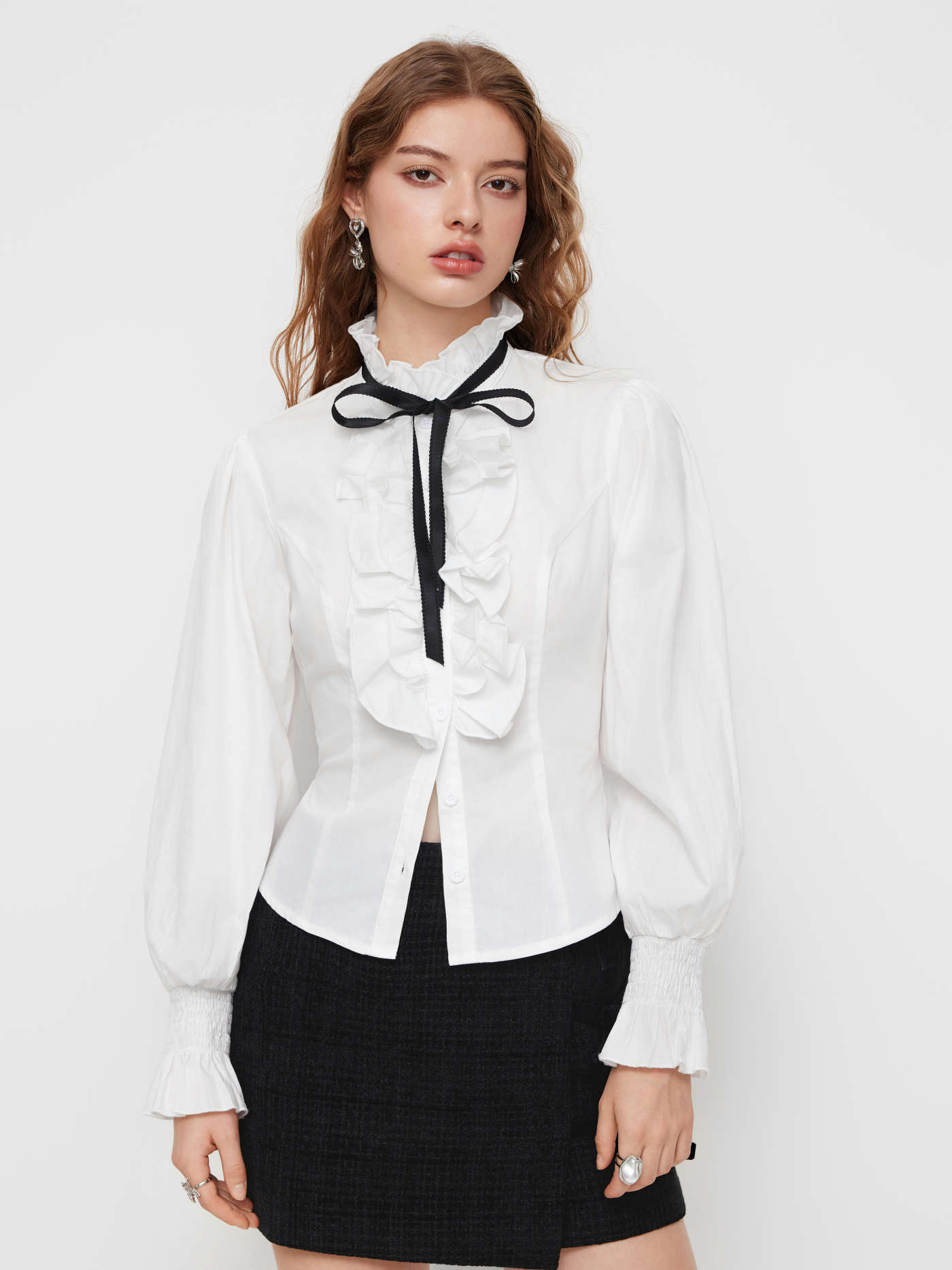 Woven 100% Cotton High Neck Lettuce Trim Shirred Bowknot Long Sleeve Blouse For Daily Casual | Cider