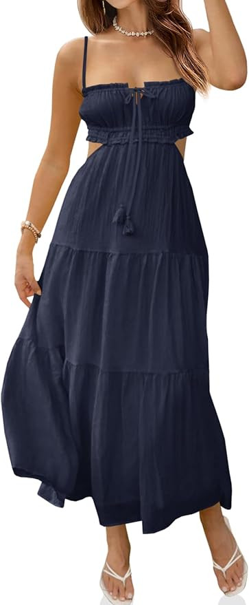 Fisoew Women's Spaghetti Strap Maxi Dress Summer Sleeveless Side Cut Out Dress Casual Boho Backle... | Amazon (US)