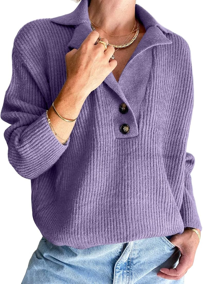 LILLUSORY Women's Snap-Buttons Foldover Collar Henley Knitted Pullover Sweater Tops | Amazon (US)