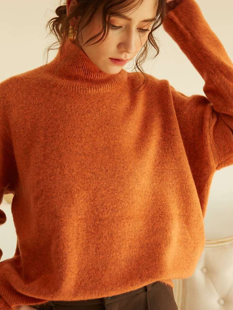 Knit Mix Women Solid High Neck Drop Shoulder Sweater | SHEIN