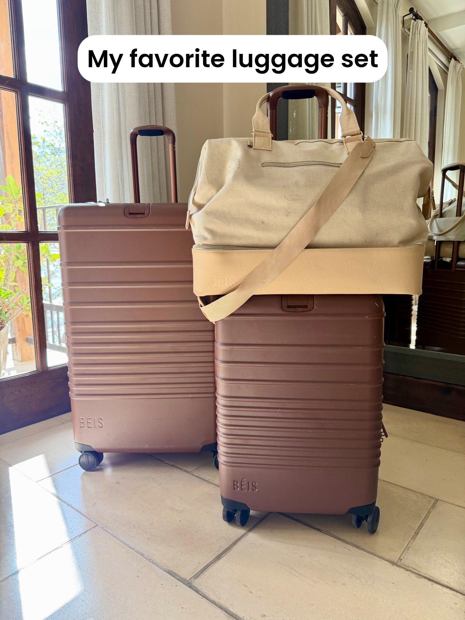I love this @beistravel set. Both suitcases can expand and are the perfect sizes for carry on or checking.

My weekender is the perfect complement to these! Great as just a weekender or as a carry-on. It slides onto your luggage or you can close that part for an additional outside pocket. Has tons of great pockets! 

Also love my jewelry organizer (not pictured) I use it every time I travel!

#LTKTravel #LTKmomlife #LTKKids