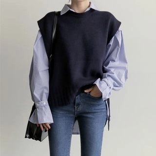 Long-Sleeve Striped Shirt with Ruffled Cuffs/Knitted Vest | YesStyle Global