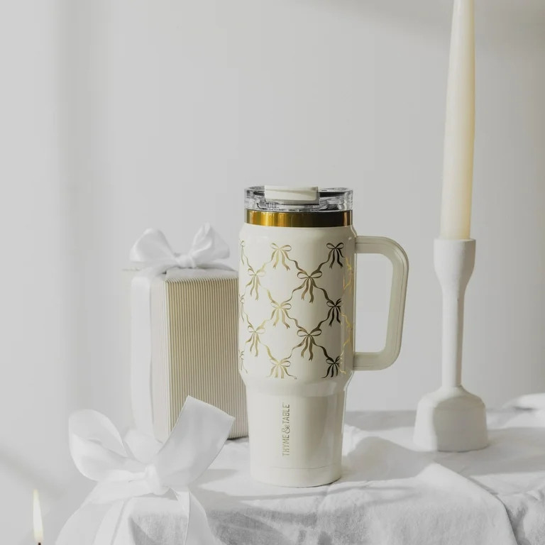 Thyme & Table 32 fl oz Stainless Steel Luna Tumbler with Handle and Dual Straw Lid, Cream Bow | Walmart (US)