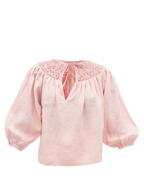 Innika Choo - Hope Filthorts Smocked Linen-chambray Blouse - Womens - Light Pink | Matches (UK)