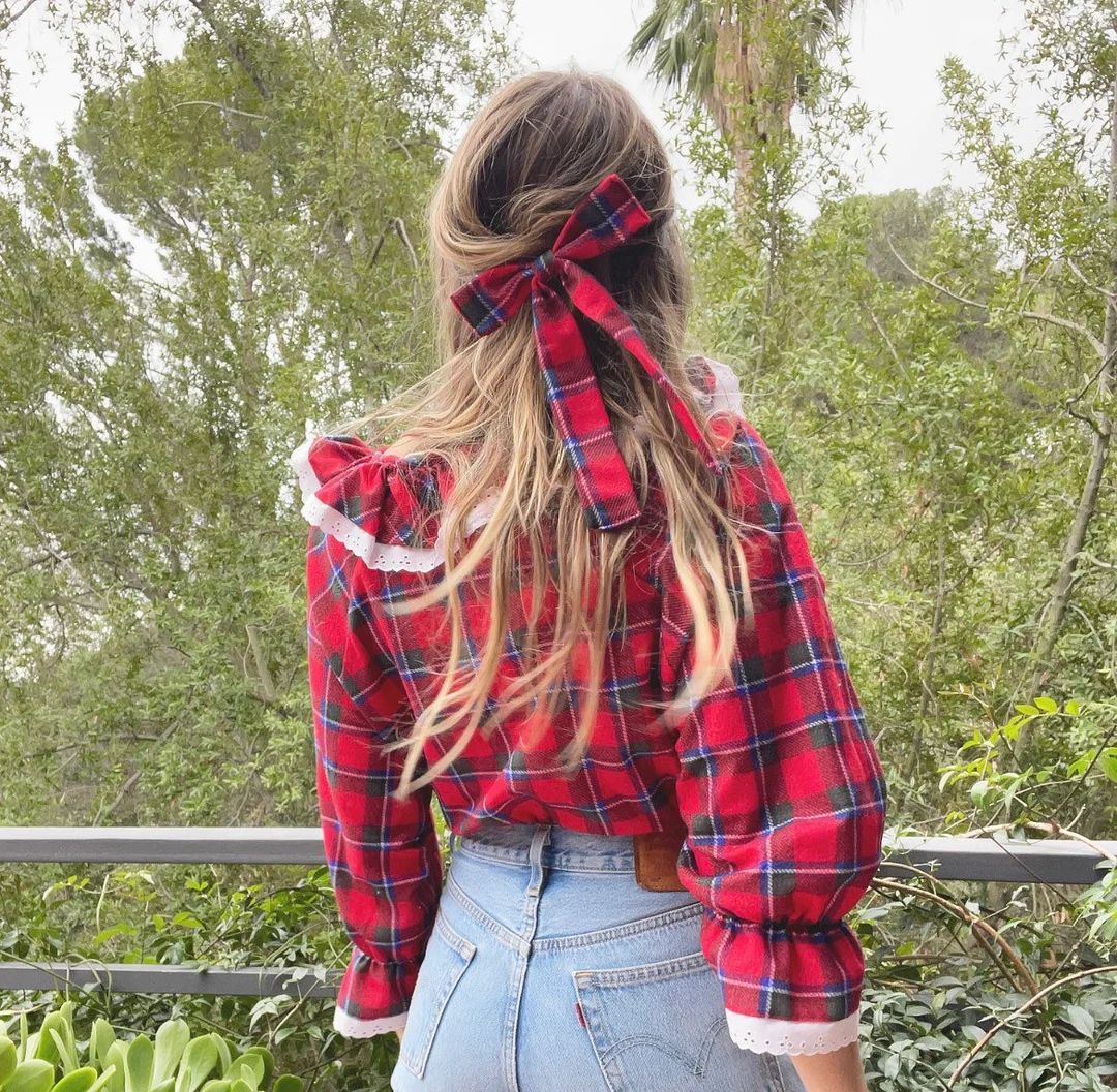 Vintage Reworked Red Plaid Ruffled Cropped Blouse with Matching Hair Bow | Etsy (US)