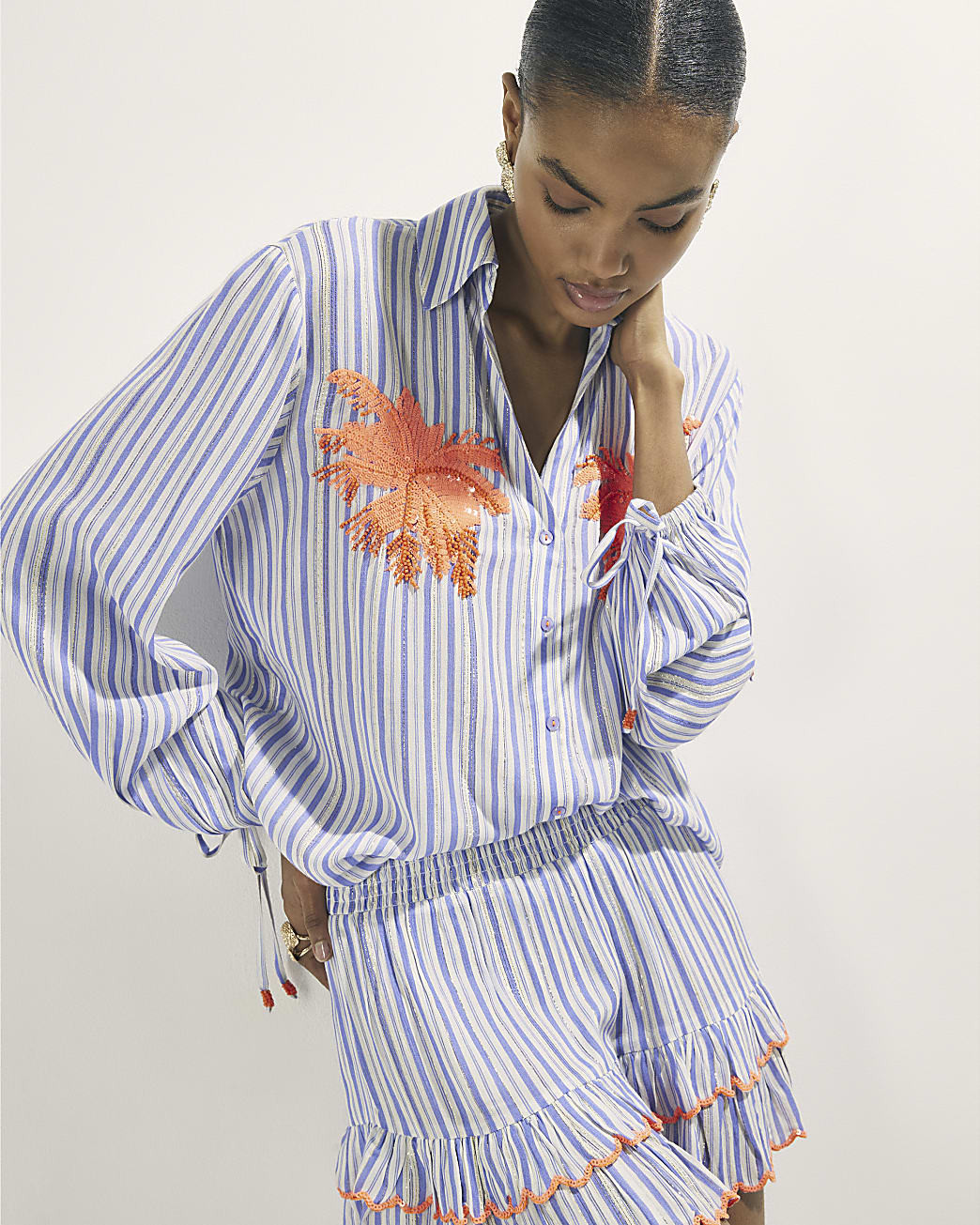 White Striped Embellished Palm Beach Shirt | River Island UK & IE