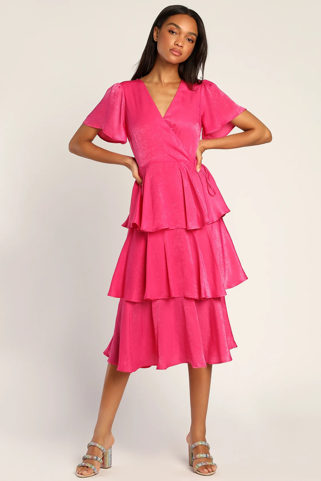 Always Forever Hot Pink Flutter Sleeve Tiered Satin Midi Dress | Lulus (US)