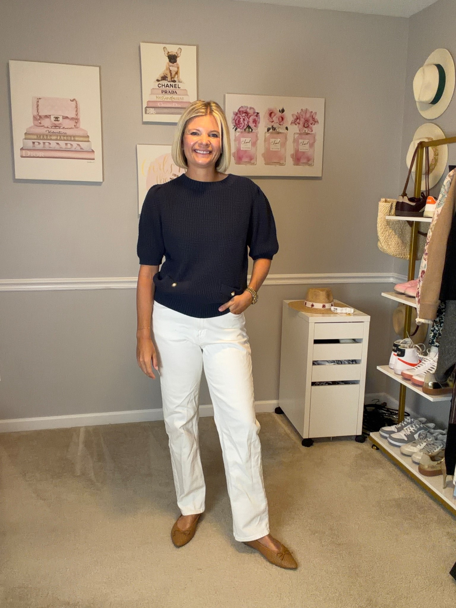 High rise straight leg white jeans TTballet flats are from Birdies
Navy short sleeve sweater TTS 

#LTKMidsize #LTKOver40 #LTKWorkwear