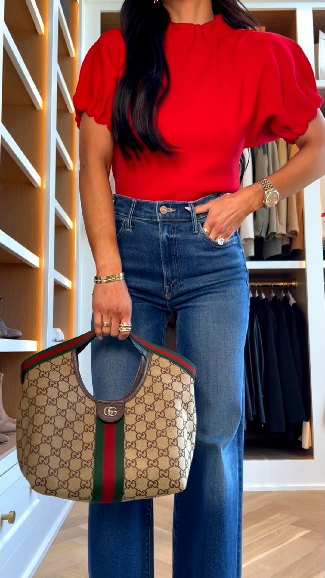 Spring outfit ideas
Zara red puff sleeve sweater
Veronica beard crosbie wide leg jeans wearing a 24
Gucci giglio bag