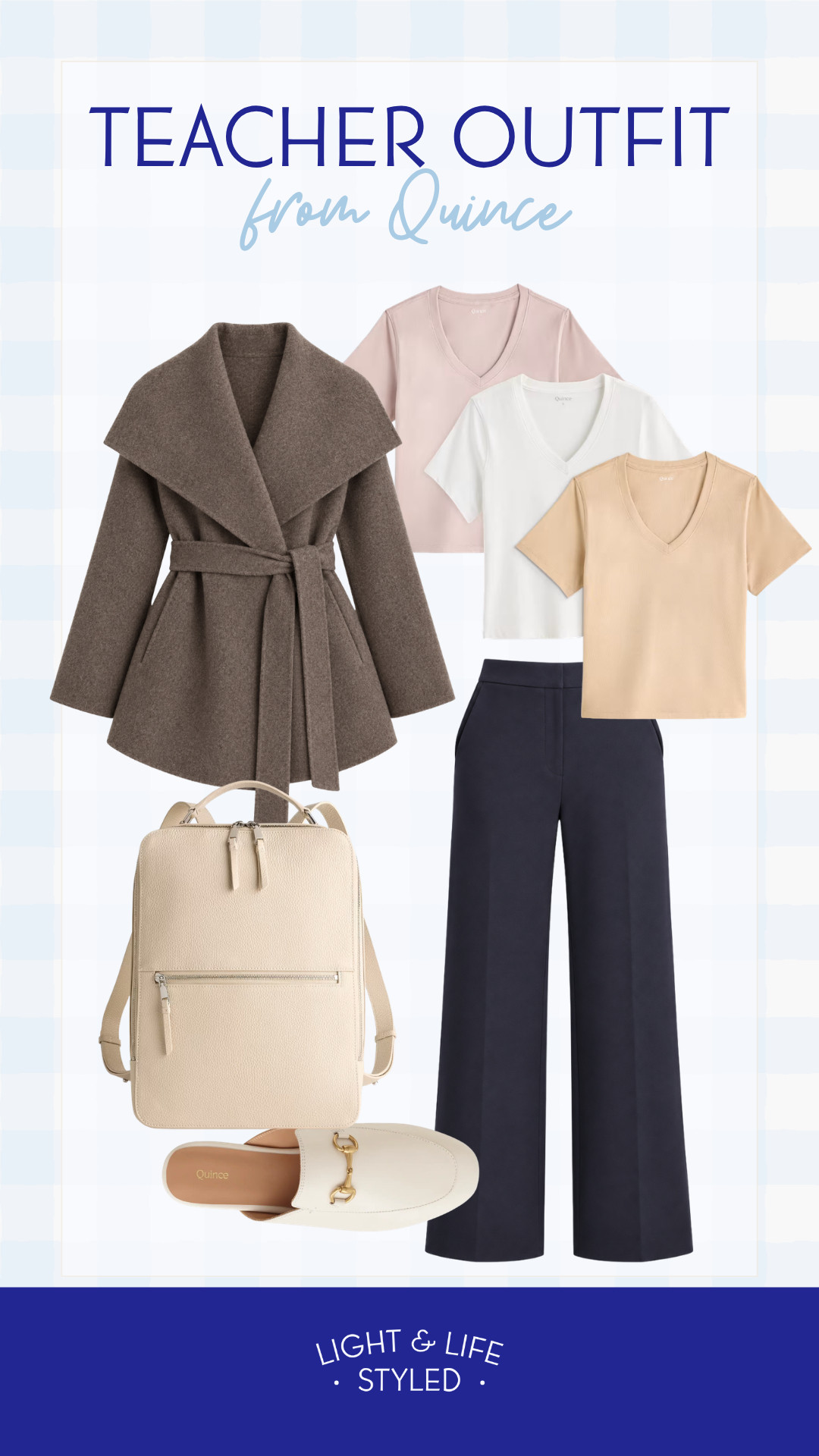 This teacher outfit from Quince is so stylish and elevated! My best selling wrap cardigan paired with their basic tee set and work pants and finished with a leather backpack and trending mules. Some on sale today too! Teacher outfit inspo, layered outfit, work outfit inspo 

 #LTKootd #LTKSeasonal #LTKWorkwear