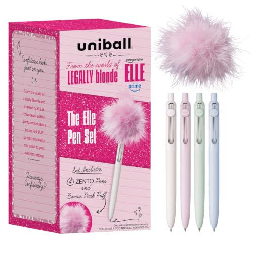 uniball™ The Elle Pen Set, Zento Gel Pens with Pink Puff, Black Ink, 0.7mm Medium Point, Retractable, 4 Count, Smooth Writing, Quick-Drying, No Smear, Fashion Barrel Colors | Amazon (US)