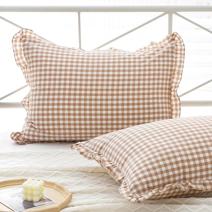2 Pack Taupe Plaid Ruffle Standard Pillow Shams 20x26 inches, Washed Cotton Brown and White Check... | Amazon (US)