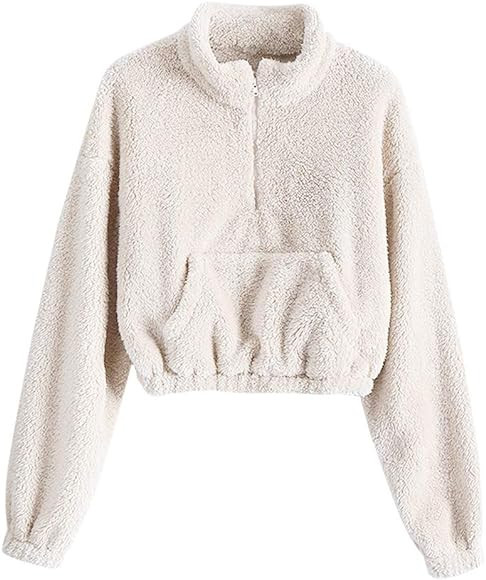 ZAFUL Women's Long Sleeve Hoodie Faux Fur Solid Color Crop Pullover Sweatshirt Tops (1-White-Fron... | Amazon (US)
