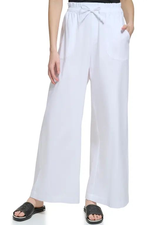 DKNY Paperbag Waist Wide Leg Pants in White at Nordstrom, Size X-Large | Nordstrom