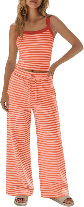 Yanekop Womens 2 Piece Pants Set Summer Striped Matching Lounge Set Sleeveless Casual Sets Vacati... | Amazon (US)
