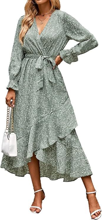 BTFBM Women Long Sleeve Wrap Maxi Dress V Neck Boho Floral High Waist Flowy Ruffle 2024 Spring Su... | Amazon (US)