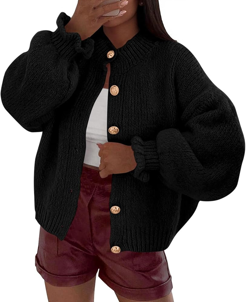 PRETTYGARDEN Womens Cropped Cardigans Trendy 2025 Ruffle Open Front Chunky Knit Sweater Oversized... | Amazon (US)