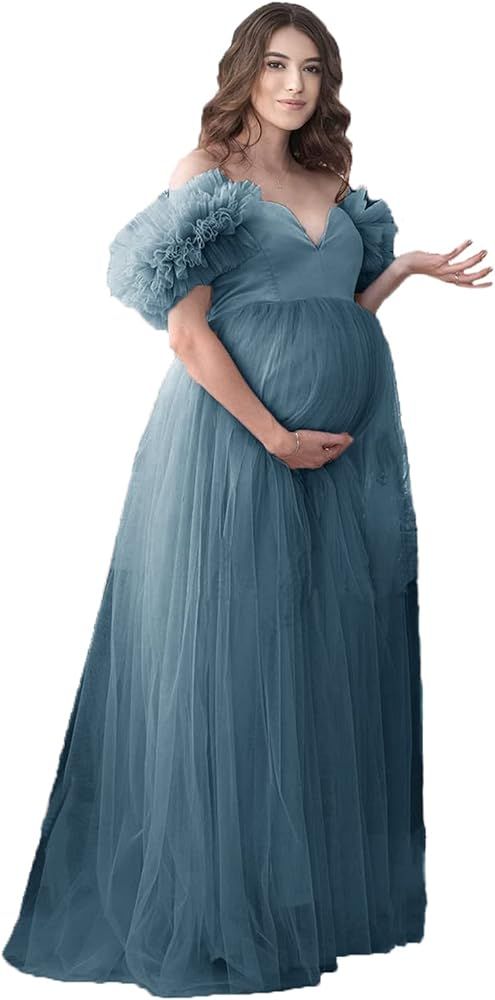 Tianzhihe Off Shoulder Maternity Dress Photoshoot Ruffle Tulle Prom Dress Maxi Party Gown | Amazon (US)