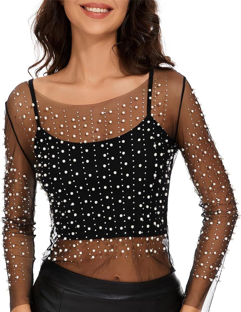 Century Star Pearl Top for Women Rhinestone Mesh See Through Tops Sparkle Lone Sleeve Cover Up Cr... | Amazon (US)
