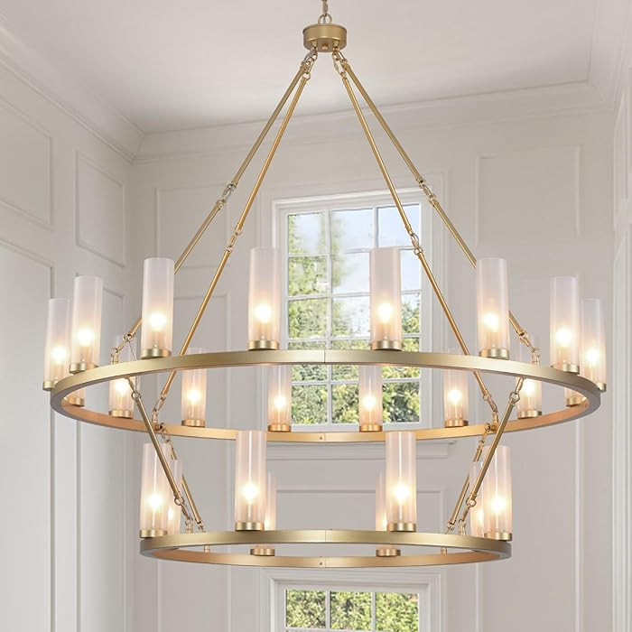 2 Tier Gold Wagon Wheel Chandelier with Glass Shade,43.5-Inch 24-Light,Rustic Farmhouse Chandelie... | Amazon (US)