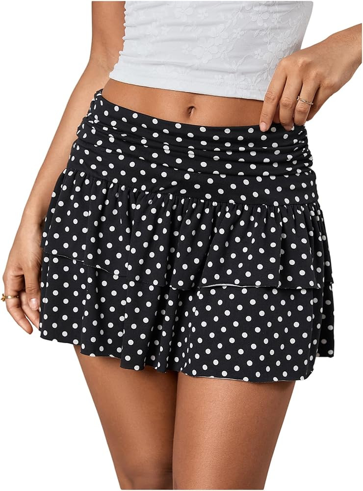 Verdusa Women's Ruffle Layered Mini Skirts Fold Over Flared Flowy Y2K Skirt with Shorts Underneat... | Amazon (US)